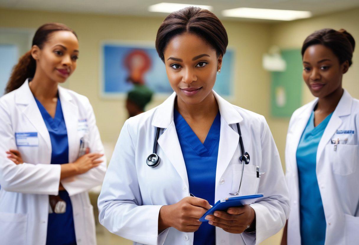 A dynamic scene depicting diverse female physicians in action, showcasing their empowerment in healthcare. Highlight a confident woman in a lab coat, surrounded by a diverse team of women of various ethnicities, collaborating over a medical chart in a bright hospital setting. Include symbols of innovation like medical technology and patient care elements. Use vibrant colors to convey energy and strength. super-realistic. vibrant colors. hospital background.