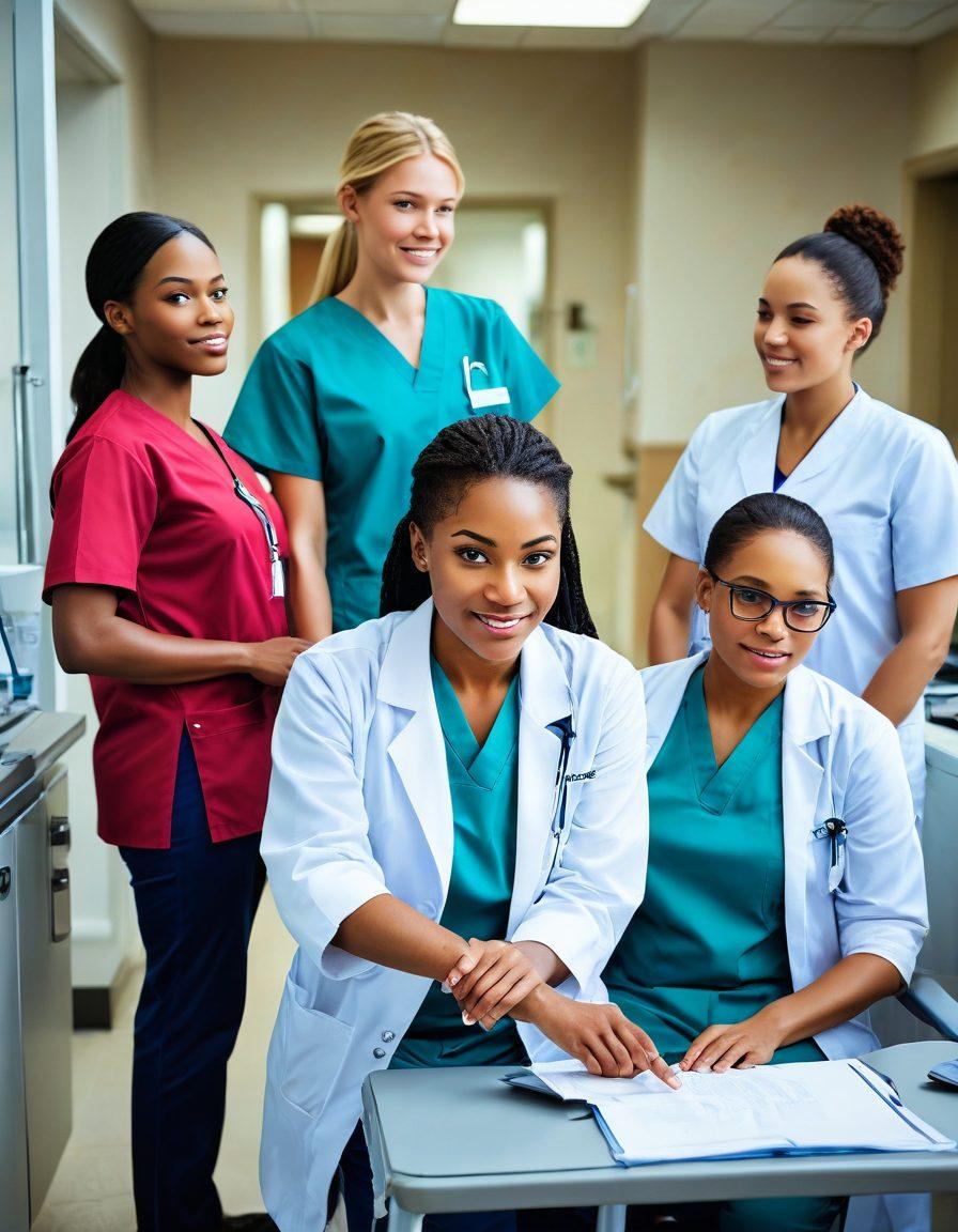 A dynamic scene depicting diverse women in medical attire collaborating in a hospital setting, exuding confidence and determination. Highlight their achievements with medical tools and technology while showcasing their impact on patient care. Include elements that represent empowerment, like rising arrows and breaking chains, in the background. super-realistic. vibrant colors. 3D.