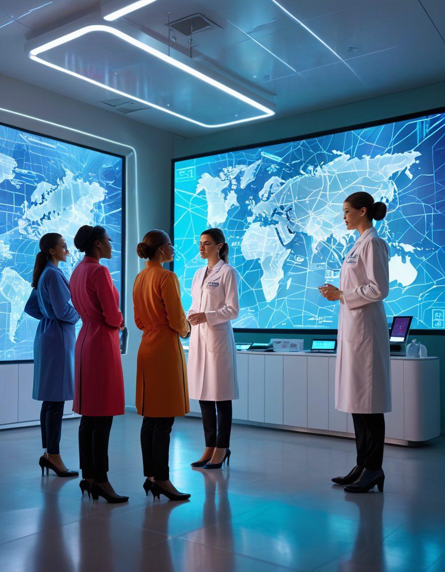 A group of diverse women in healthcare attire collaborating around a futuristic holographic display, showcasing advanced medical technologies and patient care solutions. The background features a modern clinic with bright colors and a welcoming atmosphere. Emphasize empowerment, unity, and innovation. super-realistic. vibrant colors. 3D.